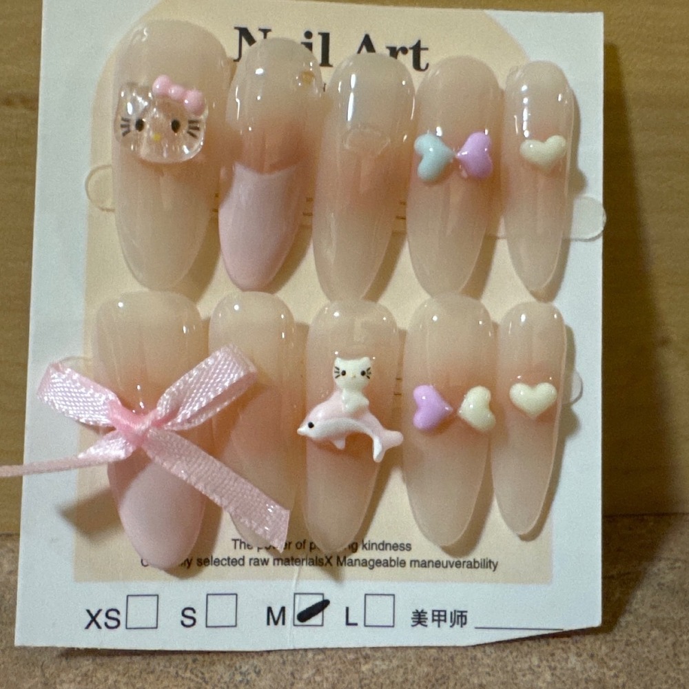 Pink Ombre Press On Nails w/ 3D Charms Bows Hearts Character Long Almond Size M
